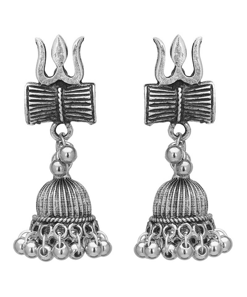 Oxidised Metal Silver Plated Om Trishul Damroo Earrings for Girls and Women