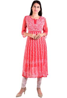 Lavangi Women's Faux Georgette Lucknow Chikankari Handicrafted Anarkali Kurti (Gajiri) 1