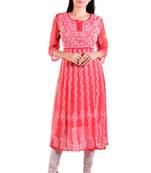 Lavangi Women's Faux Georgette Lucknow Chikankari Handicrafted Anarkali Kurti (Gajiri)