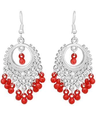 Silver Oxidized Chandbali Red Bead Earrings 2
