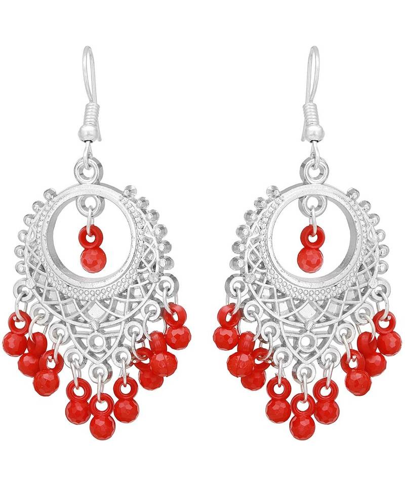 Silver Oxidized Chandbali Red Bead Earrings