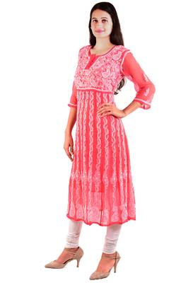 Lavangi Women's Faux Georgette Lucknow Chikankari Handicrafted Anarkali Kurti (Gajiri) 2