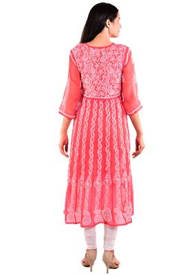 Lavangi Women's Faux Georgette Lucknow Chikankari Handicrafted Anarkali Kurti (Gajiri) 3