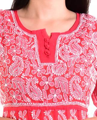 Lavangi Women's Faux Georgette Lucknow Chikankari Handicrafted Anarkali Kurti (Gajiri) 4