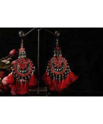 Silver Plated Red Tassel Drop Earrings for Women 2