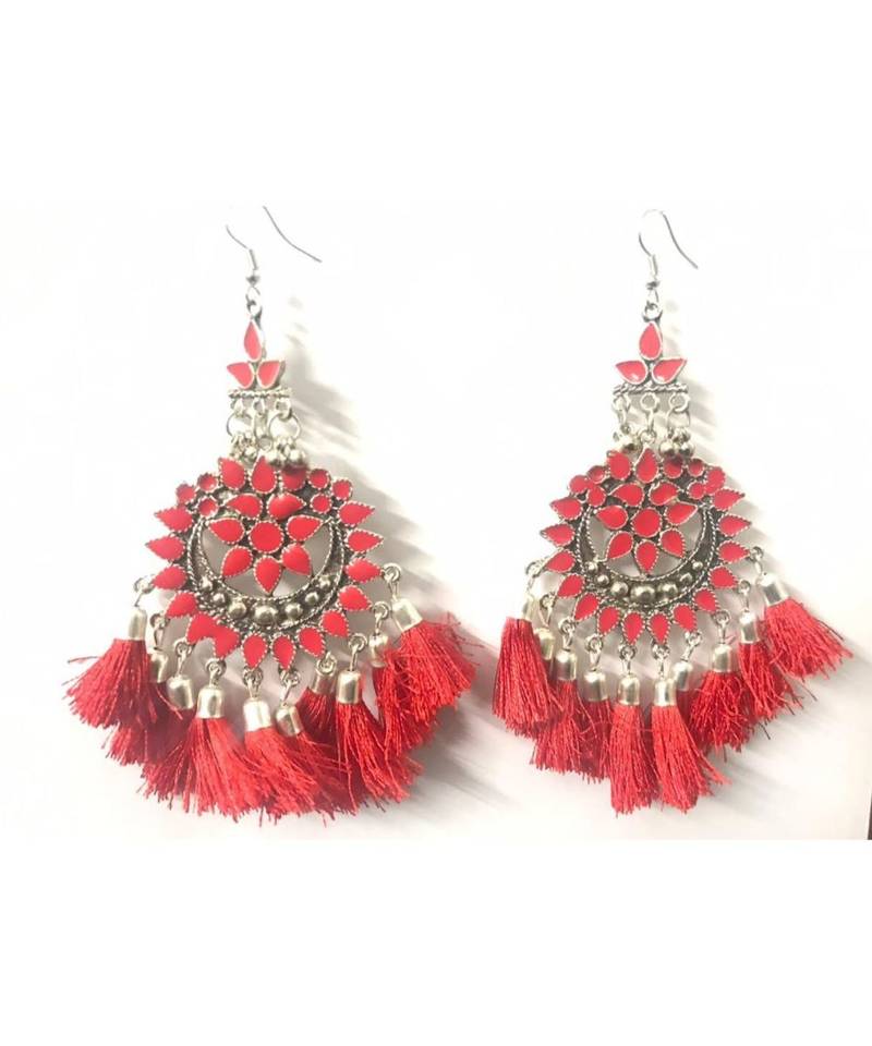 Silver Plated Red Tassel Drop Earrings for Women