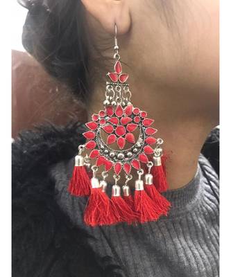 Silver Plated Red Tassel Drop Earrings for Women 4
