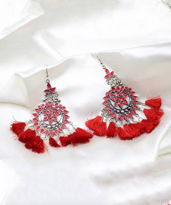 Silver Plated Red Tassel Drop Earrings for Women 5