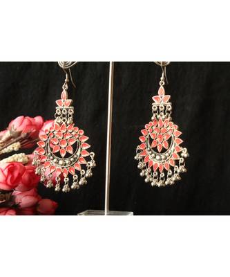Silver Plated Red Chandbali Afghani Dangle Drop Earrings 1