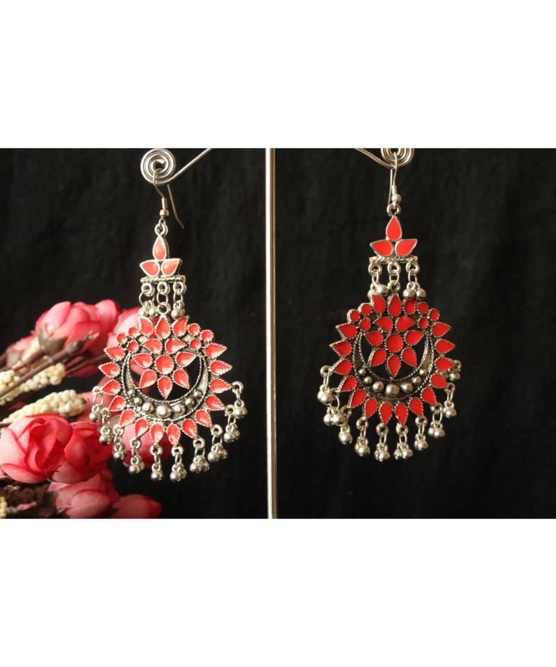 Silver Plated Red Chandbali Afghani Dangle Drop Earrings