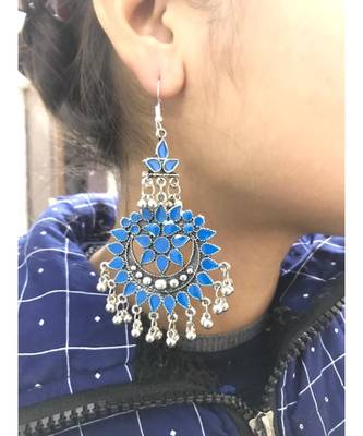 Silver Plated Blue Chandbali Afghani Dangle Drop Earrings 2