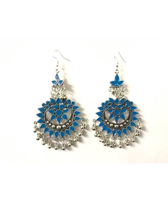 Silver Plated Blue Chandbali Afghani Dangle Drop Earrings 3
