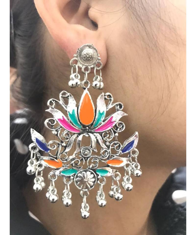 Silver Oxidized Multicolor Plated Flower Earring