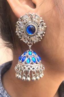 Silver Plated blue stone studded jhumki