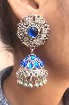 Silver Plated blue stone studded jhumki