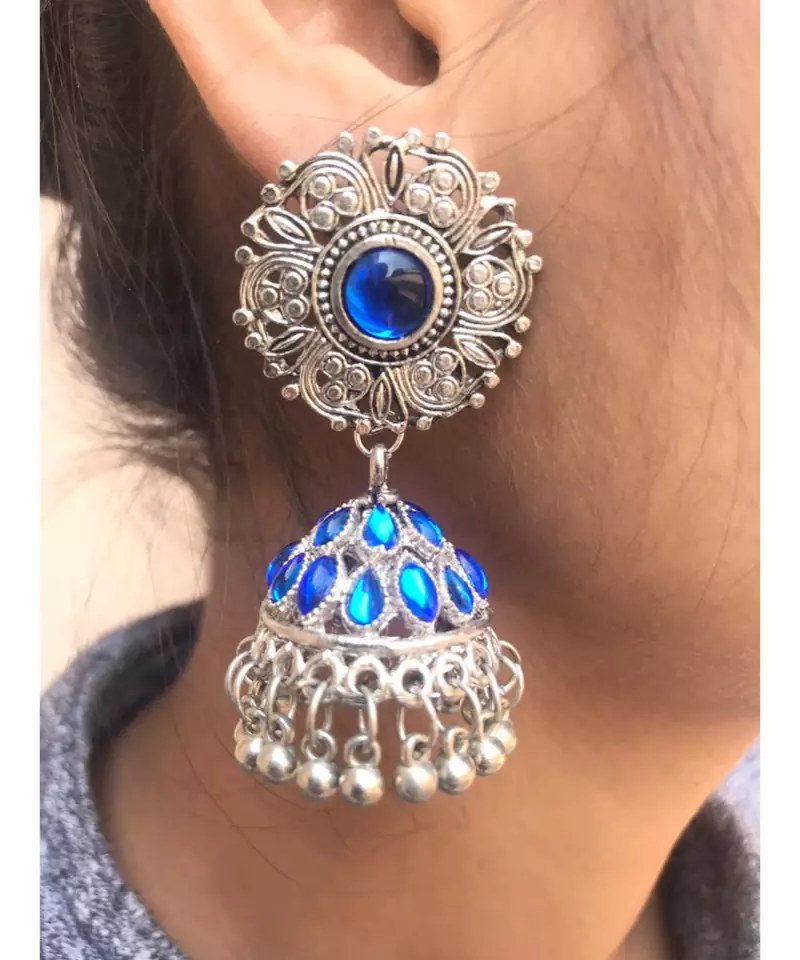 Silver Plated blue stone studded jhumki