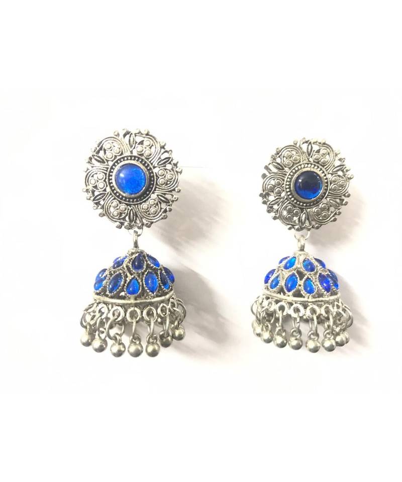 Silver Plated blue stone studded jhumki