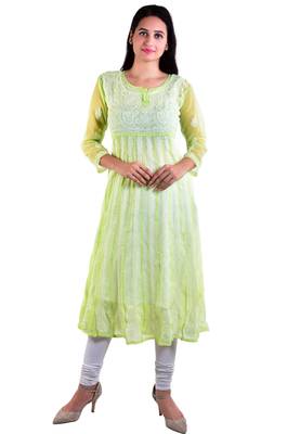 Lavangi Women's Faux Georgette Lucknow Chikankari Handicrafted Anarkali Kurti (Light Green) 1