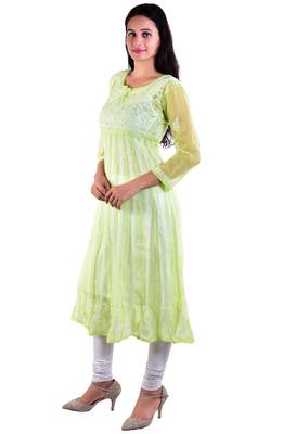 Lavangi Women's Faux Georgette Lucknow Chikankari Handicrafted Anarkali Kurti (Light Green) 2