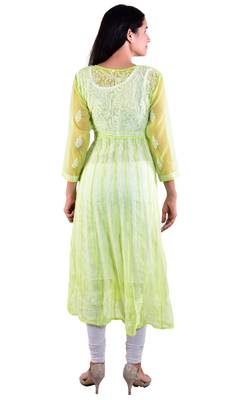 Lavangi Women's Faux Georgette Lucknow Chikankari Handicrafted Anarkali Kurti (Light Green) 3