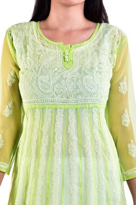 Lavangi Women's Faux Georgette Lucknow Chikankari Handicrafted Anarkali Kurti (Light Green) 4