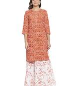 Orange printed cotton kurtas-and-kurtis