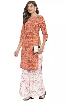 Orange printed cotton kurtas-and-kurtis