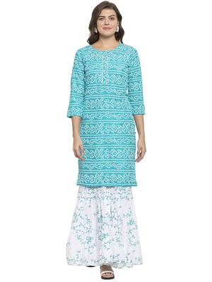 Turquoise printed cotton kurtas-and-kurtis 1
