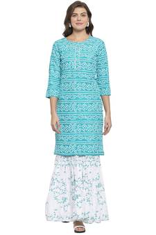 Turquoise printed cotton kurtas-and-kurtis