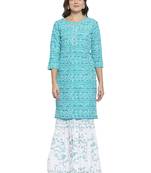 Turquoise printed cotton kurtas-and-kurtis