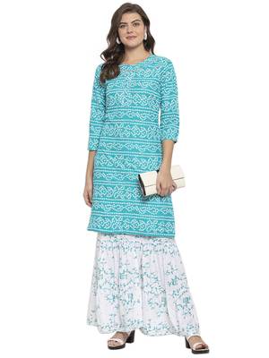 Turquoise printed cotton kurtas-and-kurtis 3