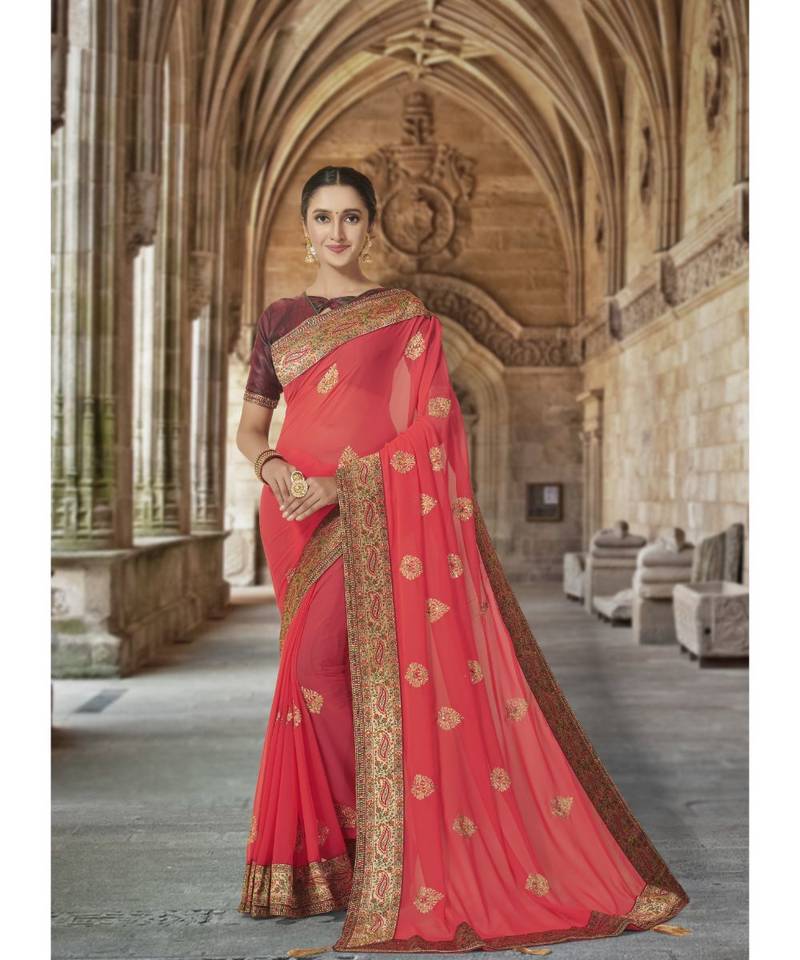 Peach Color Embroidered Georgette Saree With Blouse Piece