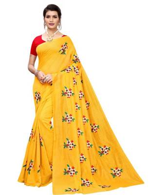 Yellow Floral Embroidered Art Silk Saree With Blouse For Women 1
