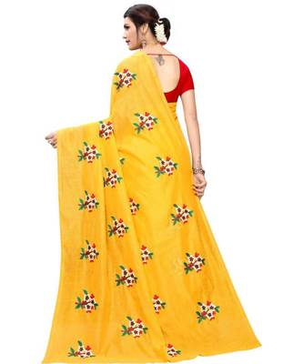 Yellow Floral Embroidered Art Silk Saree With Blouse For Women 2