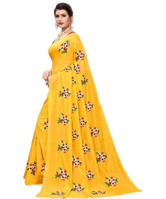 Yellow Floral Embroidered Art Silk Saree With Blouse For Women 3