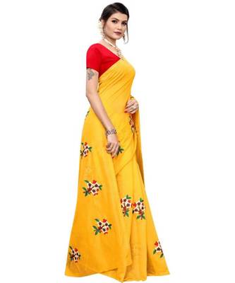 Yellow Floral Embroidered Art Silk Saree With Blouse For Women 4