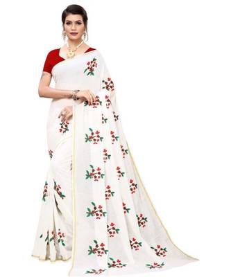 White Floral Embroidered Art Silk Saree With Blouse For Women 1