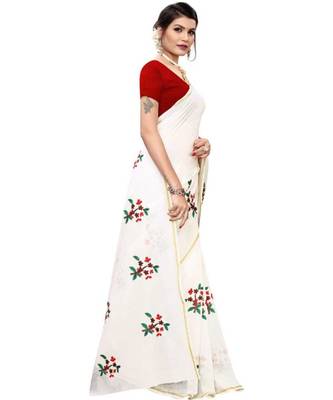 White Floral Embroidered Art Silk Saree With Blouse For Women 2