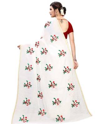 White Floral Embroidered Art Silk Saree With Blouse For Women 3
