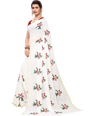 White Floral Embroidered Art Silk Saree With Blouse For Women 4