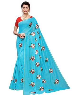 Blue Floral Embroidered Art Silk Saree With Blouse For Women 1