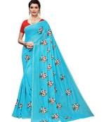 Blue Floral Embroidered Art Silk Saree With Blouse For Women