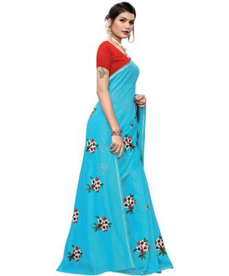 Blue Floral Embroidered Art Silk Saree With Blouse For Women 2