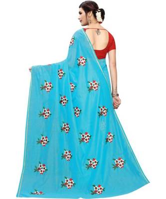 Blue Floral Embroidered Art Silk Saree With Blouse For Women 3