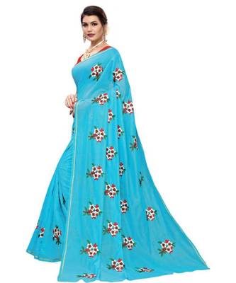 Blue Floral Embroidered Art Silk Saree With Blouse For Women 4