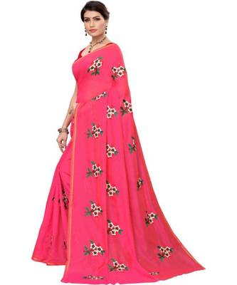 Pink Floral Embroidered Art Silk Saree With Blouse For Women 1