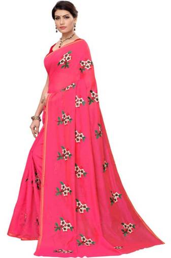 Pink Floral Embroidered Art Silk Saree With Blouse For Women