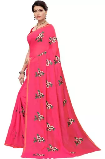 Pink Floral Embroidered Art Silk Saree With Blouse For Women
