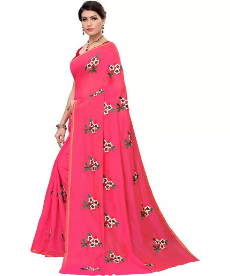 Pink Floral Embroidered Art Silk Saree With Blouse For Women