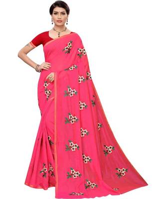 Pink Floral Embroidered Art Silk Saree With Blouse For Women 4